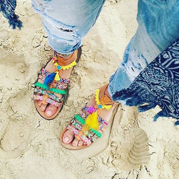 Boho Leather Sandals, Greek Sandals, Boho Sandals, Pom Pom Sandals,Boho Gladiator sandals, Summer sandals, Bohemian sandals, Gladiator shoes