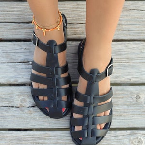 Black fisherman Leather Sandals for women with soft bed, Barefoot Sandals, Gladiator Sandals with buckles, handmade Greek sandals for women image 10