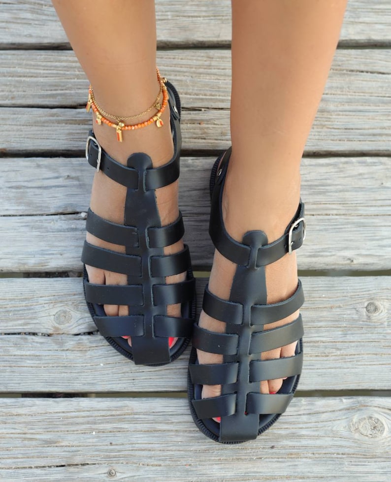 Black fisherman Leather Sandals for women with soft bed, Barefoot Sandals, Gladiator Sandals with buckles, handmade Greek sandals for women image 10