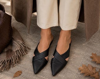 Black Leather mules for women, Slip on loafers, slippers, Greek moccasins, slip on flats, pointy mules, women flat shoes, low heel flats