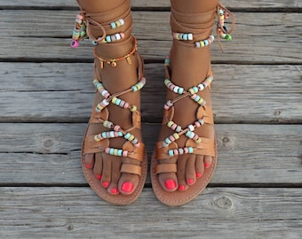 Handmade decorated leather sandals, Greek tie up Sandals, Colorful beads, Slip on Sandals, Summer flats, Women's Sandals, Gladiators sandals
