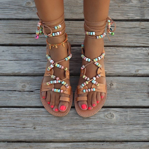 Handmade decorated leather sandals, Greek tie up Sandals, Colorful beads, Slip on Sandals, Summer flats, Women's Sandals, Gladiators sandals