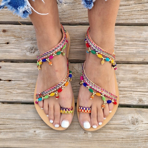 Handmade Boho Leather Sandals, Greek Sandals,pom Pom Sandals