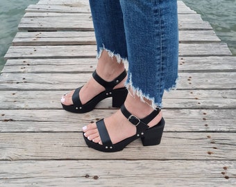 Leather clogs sandals, Wooden clogs, Greek platform shoes, Handmade clogs, sandal slip on, high heel wood clogs, black clogs,slide shoes