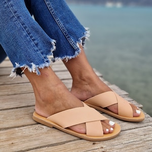 Greek sandals for Women, Criss Cross Leather  Sliders,Handmade flat leather shoes, Summer flats, Women shoes, Flip Flops, Wedding Sandals