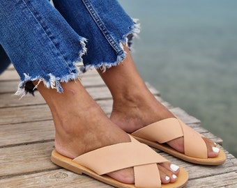 Greek sandals for Women, Criss Cross Leather  Sliders,Handmade flat leather shoes, Summer flats, Women shoes, Flip Flops, Wedding Sandals