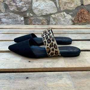 Leather suede mules, black leopard shoes, Greek leather moccasins for women, slip on flats, pointy mules, Women's loafers, soft leather image 10