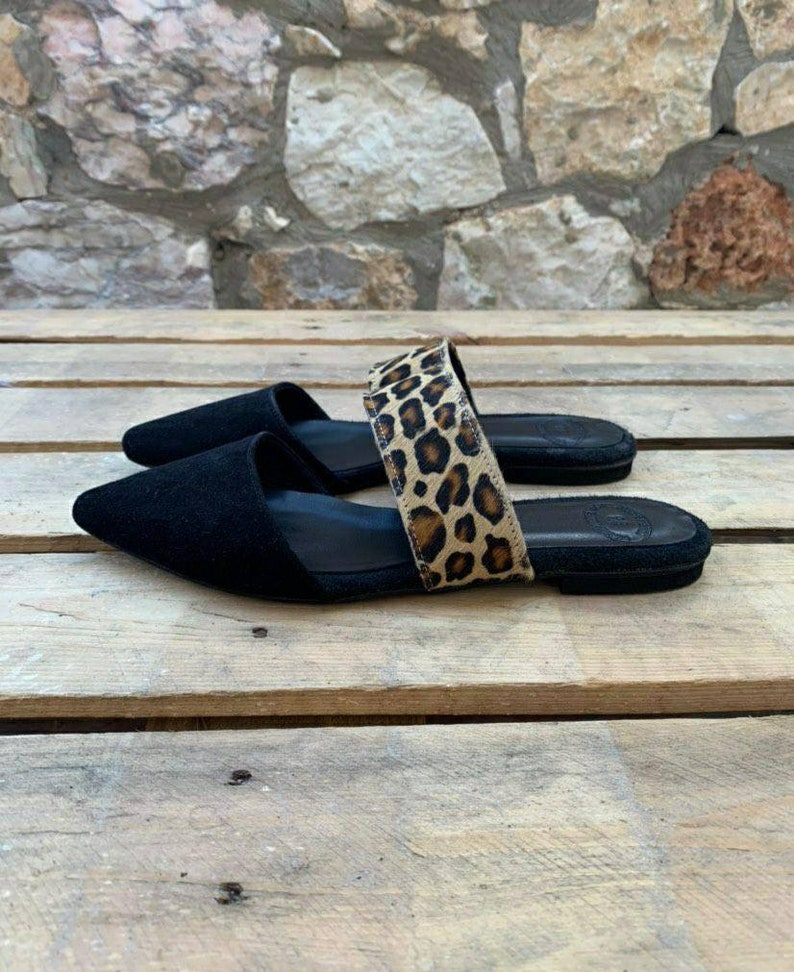 Leather suede mules, black leopard shoes, Greek leather moccasins for women, slip on flats, pointy mules, Women's loafers, soft leather image 10
