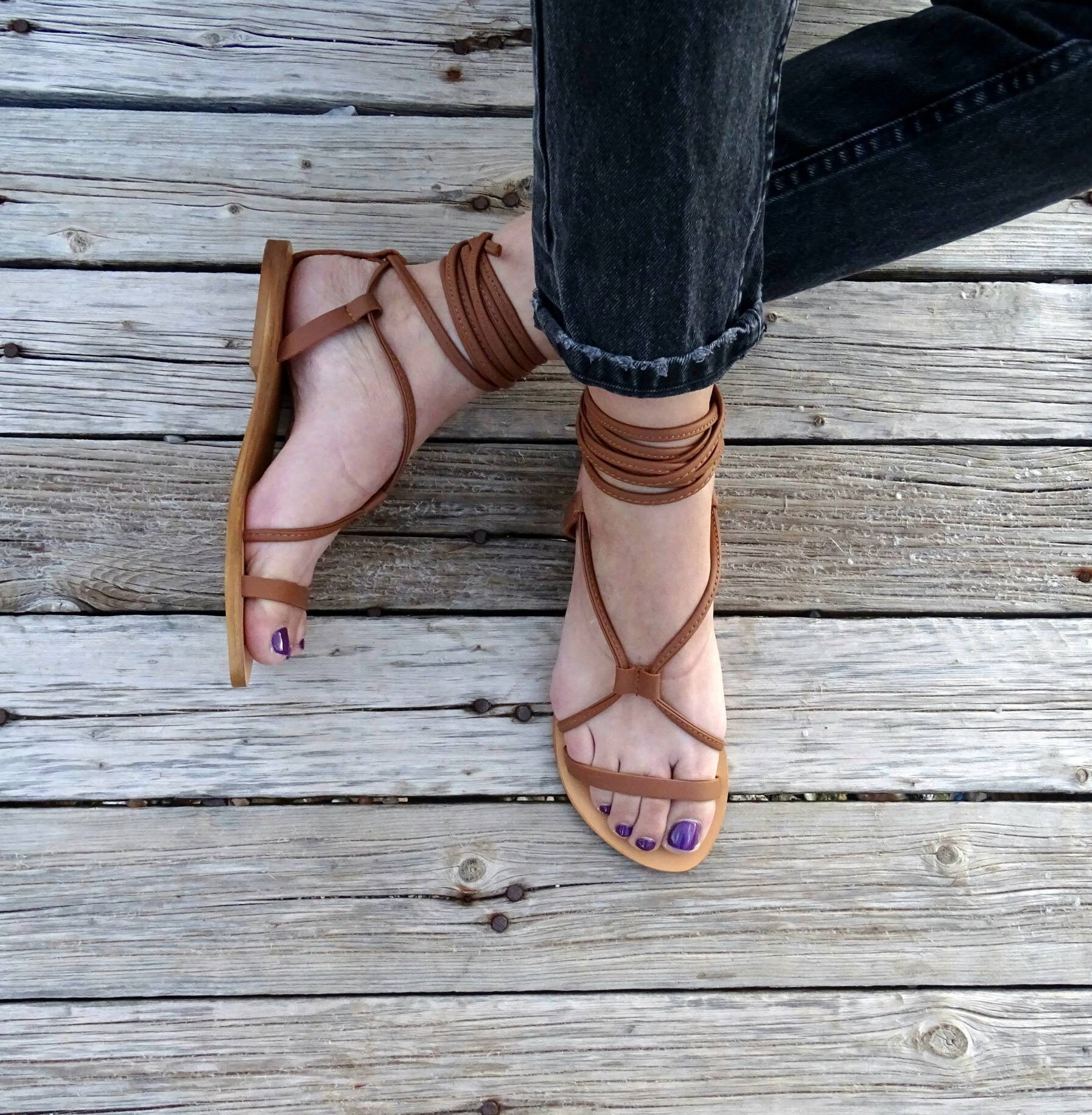 Leather Greek tie up sandals Brown Sandals Barefoot Sandals | Etsy