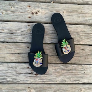 Greek Leather decorated slides, Handmade Sandals, Mules shoes for women, pineapple, Slip on Sandals, Greek Summer Gladiators, Summer Flats