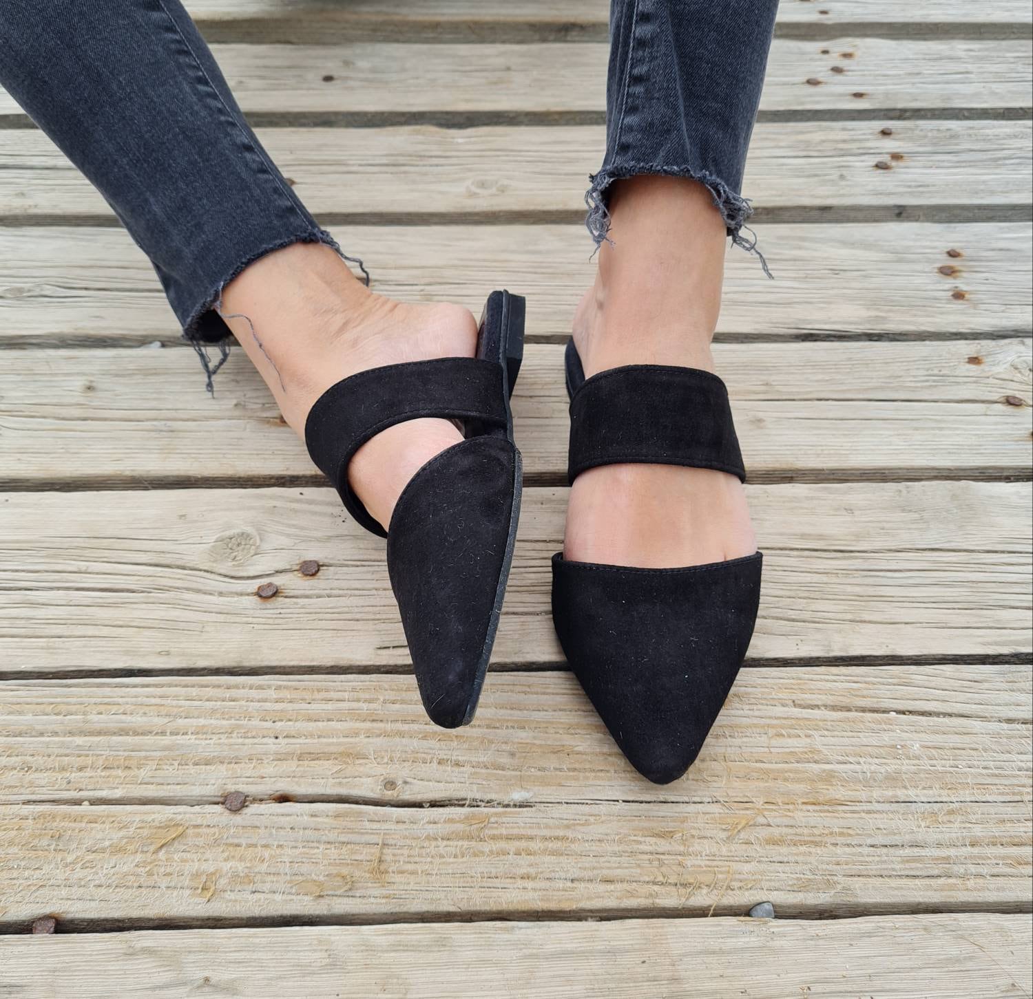 black suede mules women