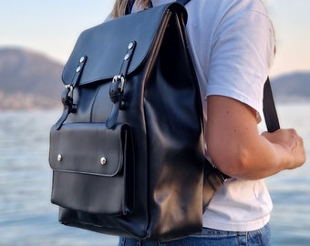 Handmade Black Leather Backpack, School bag, Magnetic closure,Laptop bag, Men's Backpack, Women's Backpack,  Leather satchel, Unisex Bag