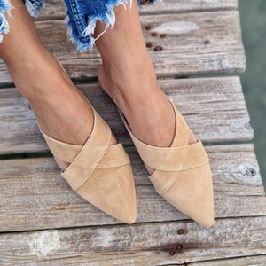 Suede Leather mules for women, beige loafers, suede slippers, Greek moccasins, slip on flats, pointy mules, women flat shoes, low heel flats image 1