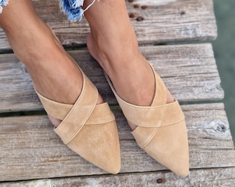 Suède leren muilezels voor dames, beige loafers, suède pantoffels, Griekse mocassins, slip-on flats, puntige muilezels, platte damesschoenen, lage hak flats