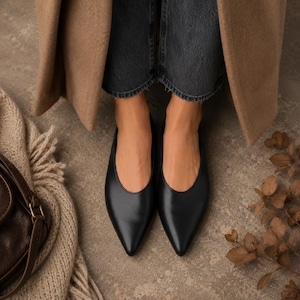 May include: A pair of black leather pointed-toe flats with a low-cut vamp and a smooth, matte finish. The shoes feature a sleek, minimalist silhouette with a closed heel and a sharp, elongated toe box, providing a clean and structured appearance.