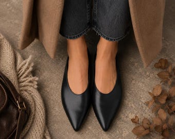 Leather mules shoes, women's loafers, black leather flats, black slippers, leather shoes,  moccasins, slip on pointy mules, pvc sole