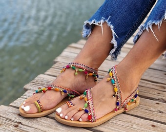 Handmade Boho Leather Sandals, Greek Sandals,Pom Pom Sandals, Decorated Gladiator sandals, Summer sandals, Bohemian sandals, Gladiator shoes