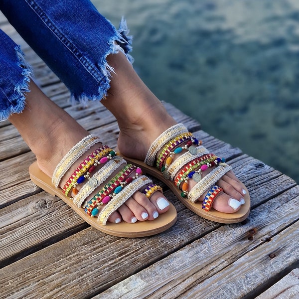 Ethnic handmade Leather Sandals for women, Boho decorated Flats, Strappy Summer shoes decorated with colorful fabric and "gold" decoration