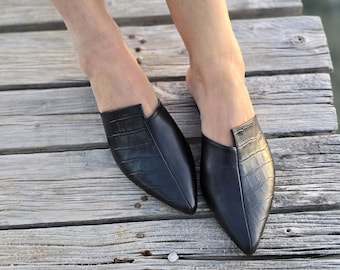 Handmade Black Leather Mules, Croc Embossed Pointed Flats