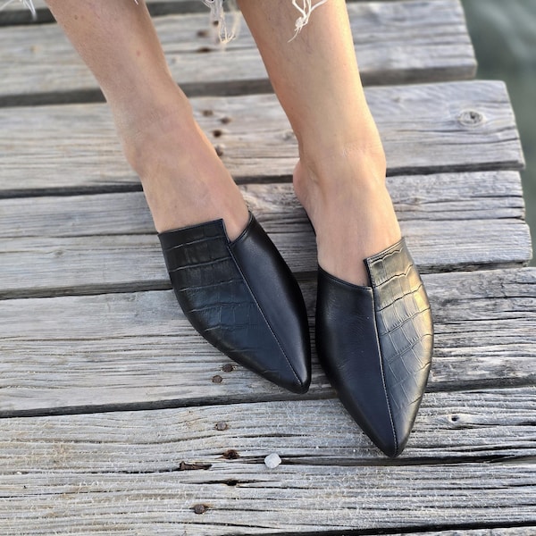 Handmade Black Leather Mules, Croc Embossed Pointed Flats