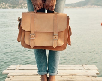 Leather Briefcase ,Messenger Bag with side pocket,Laptop Bag, Briefcase for men,Leather Satchel, Shoulder Bag,Long Strap,Back to School