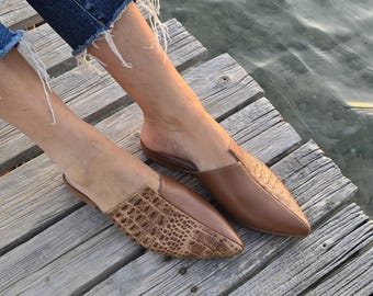 Handmade Brown Leather Mules, Croc Embossed Pointed Flats