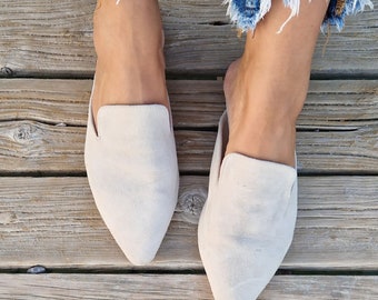 Leather Mules for Women, beige loafers, suede slippers, Greek leather moccasins, ice colour slip on pointy flat mules made of soft leather