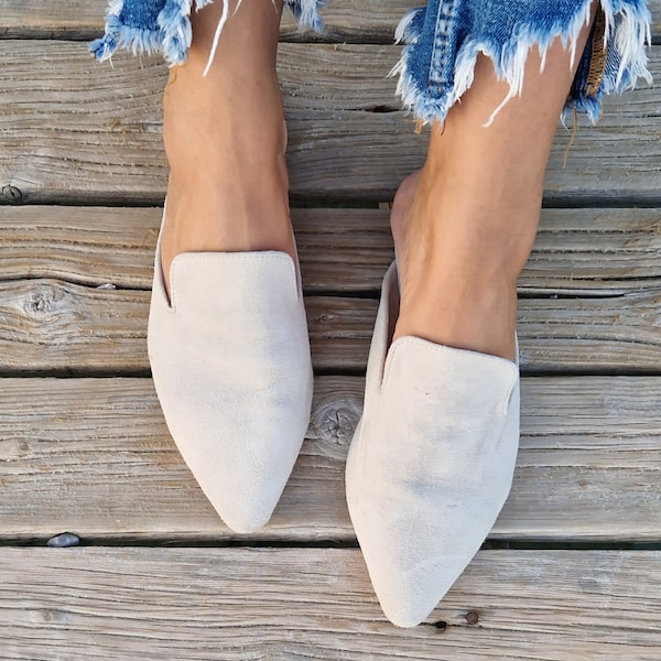 Leather Mules for Women, beige loafers, suede slippers, Greek leather moccasins, ice colour slip on pointy flat mules made of soft leather