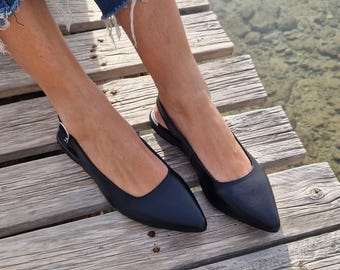 Black Leather Ballet Flats, Ballerina Slingback shoes, Handmade clog Mules, Leather Slippers, Pointy toe flats, Women's Flat Shoes,low heel