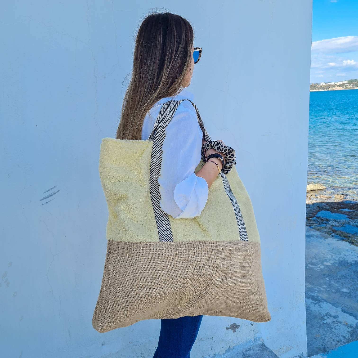 Handmade Terry Beach Bag for Women, Reversible Towel Bag