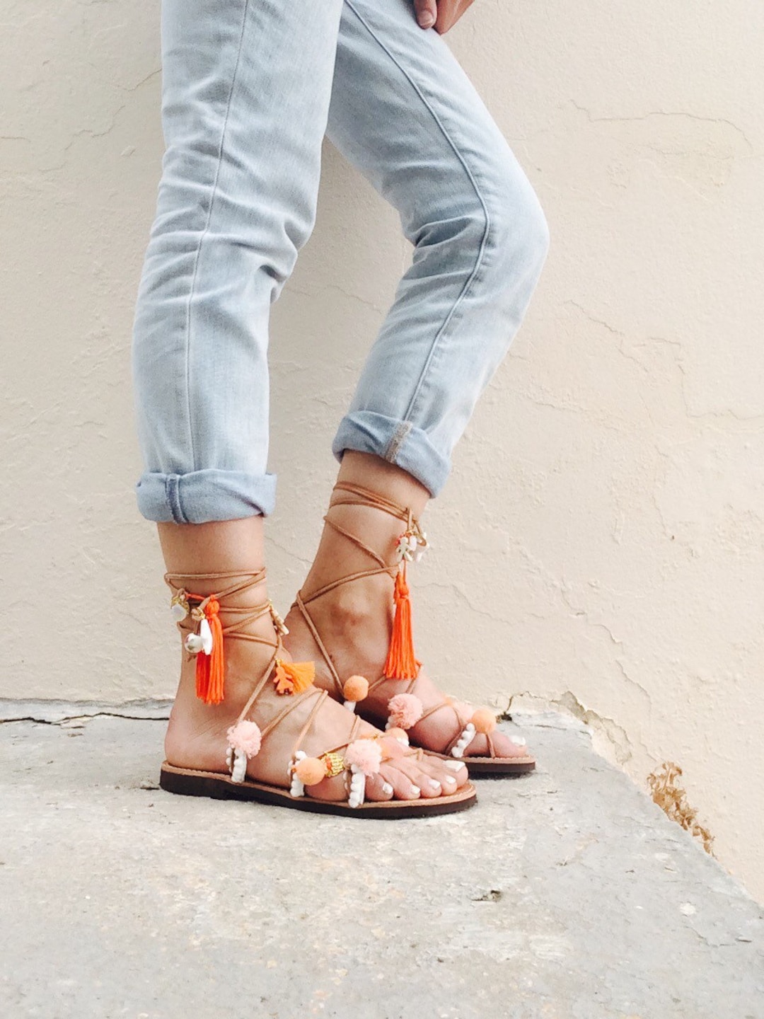 pom pom tie up sandals