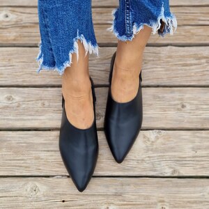 Leather mules shoes, women's loafers, black leather flats, black slippers, leather shoes, moccasins, slip on pointy mules, pvc sole, image 5