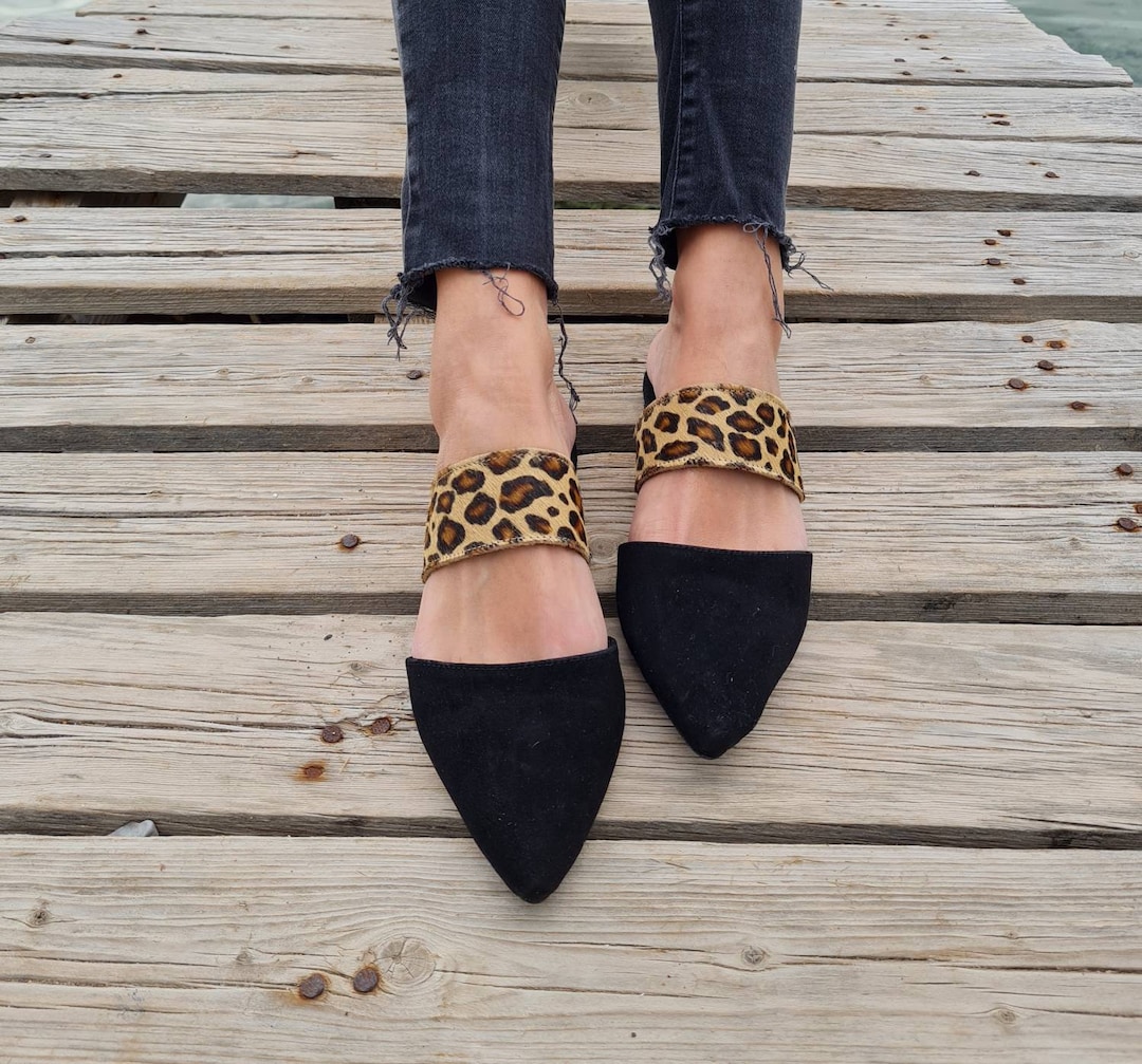 Mulas de ante de cuero, zapatos de leopardo negro, mocasines de