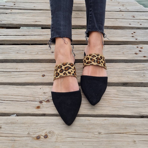 Leather suede mules, black leopard shoes, Greek leather moccasins for women, slip on flats, pointy mules, Women's loafers, soft leather