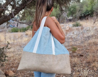 Terry Fabric Beach Bag in mint colour, Reversible towel bag, Summer Beach Handbag, handmade bag, large floral  Beach Bag with inside pocket