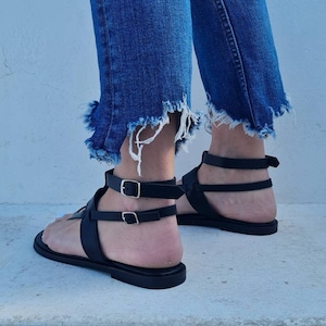 Handmade Greek black Leather Sandals with a luxuriously soft footbed, Crafted in Greece, Open toe flat shoes, metallic buckles, Summer flats image 5