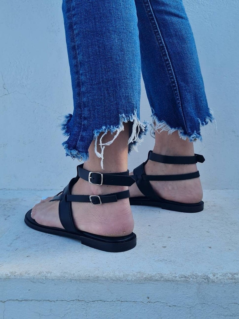 Handmade Greek black Leather Sandals with a luxuriously soft footbed, Crafted in Greece, Open toe flat shoes, metallic buckles, Summer flats image 5