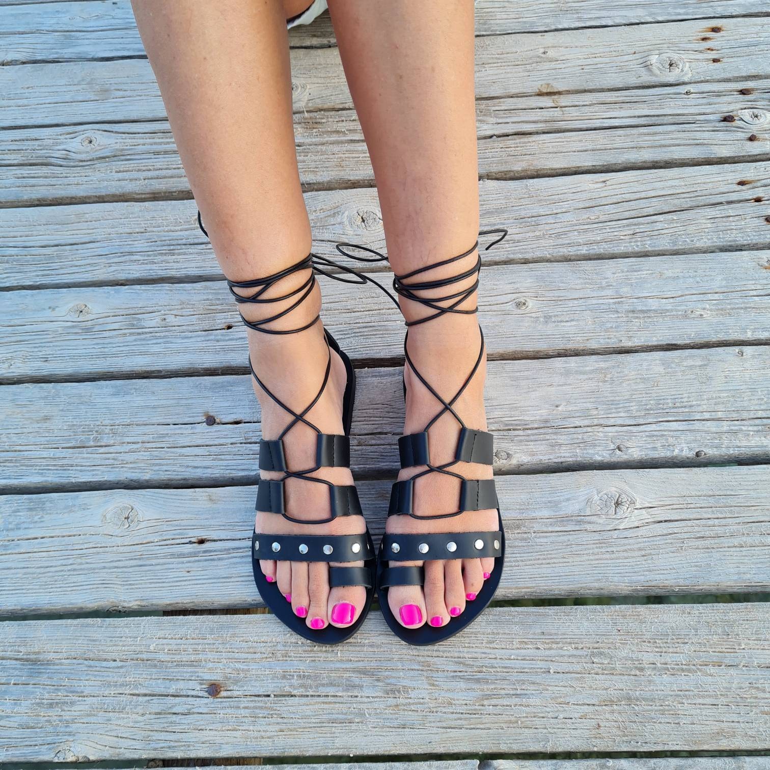 Lace up Studded Sandals for Women Black Tie up Summer - Etsy UK