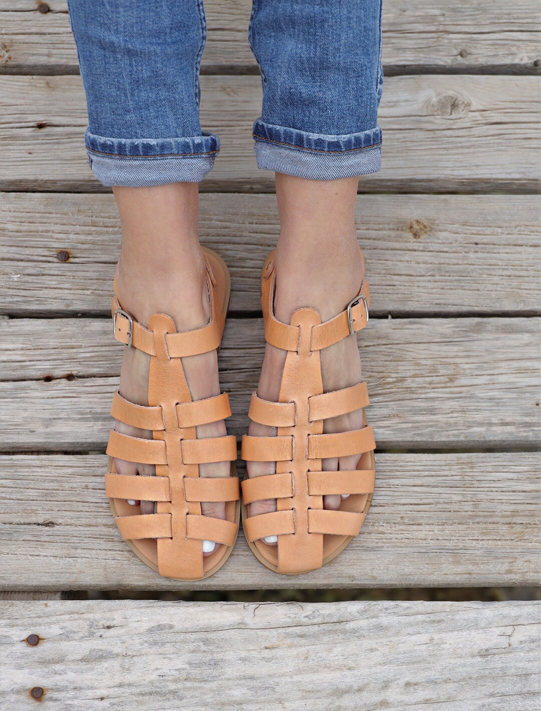 Sandali da pescatore in pelle per donna con suola morbida, sandali