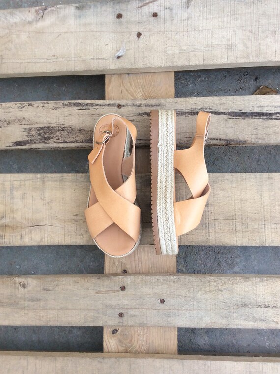 thumbnail image 2 of Soludos Women's Camel Brown Leather Espadrilles – Platform Slip On Sandals – Summer Style 2 of 6