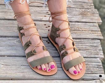 Greek nubuck Leather Sandals in cypress green, Tie Up Sandals, Lace up Sandals, Gladiator sandals, Summer Leather flats, suede leather shoes