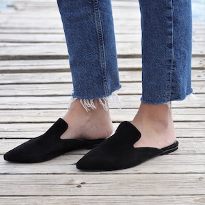 Black Suede mules, black leather loafers, black slippers, Greek leather moccasins, slip on flats, pointy mules, Womens loafers,soft leather