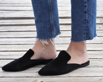 Black Suede mules, black leather loafers, black slippers, Greek leather moccasins, slip on flats, pointy mules, Womens loafers,soft leather