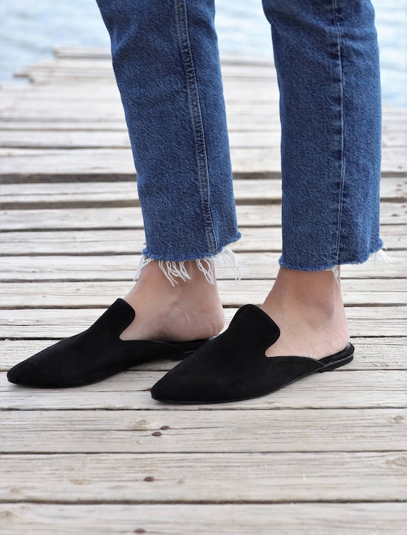 Mules en daim noires mocassins en cuir noirs chaussons noirs mocassins en cuir grec chaussures plates mules pointues mocassins pour femmes cuir souple Etsy France