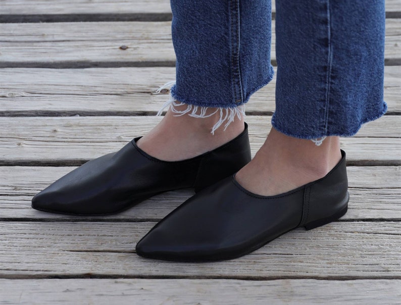 Leather mules shoes, women's loafers, black leather flats, black slippers, leather shoes, moccasins, slip on pointy mules, pvc sole, image 4
