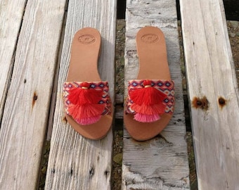 Handmade Greek sandals, leather shoes, boho sandals, summer flats, slides, red, women&#39;s shoes, gift, rubber sole, bohemian