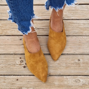 May include: A pair of brown suede pointed-toe flats with a low heel. The shoes are worn by a person wearing blue jeans.