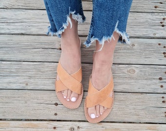 Griechisch Kreuz Over Sandalen für Frauen, Sandalen griechischen für Frauen, Cris Cross Sommer Wohnungen, Beleg auf flachen Sandalen, offene handgefertigte Lederschuhe