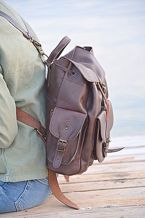 Brown Leather Backpack With Side Pockets Laptop Backpack