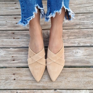 Suede Leather mules for women, beige loafers, suede slippers, Greek moccasins, slip on flats, pointy mules, women flat shoes, low heel flats image 2